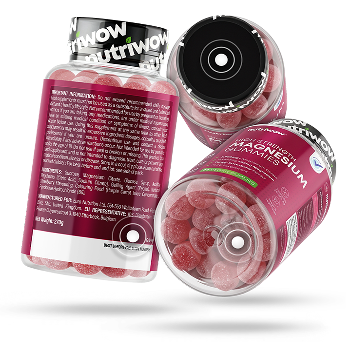 Three nutriwow gummy jars showing where the batch number is printed: on the lid, on the base, and next to the best before date on the label